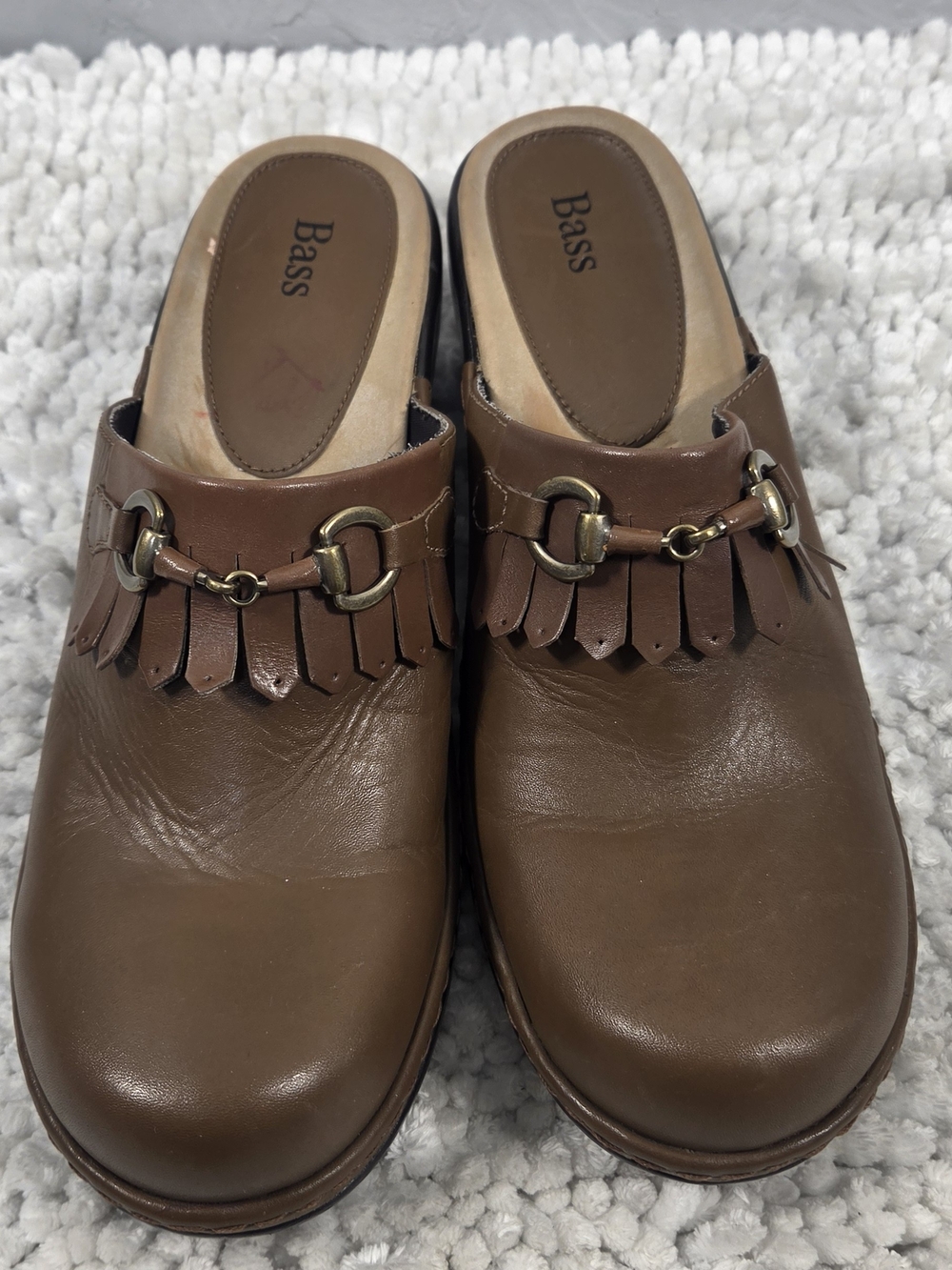 Bass Vintage Brown Leather Fringe Wedge Mule Clogs 10M Y2K Boho Retro Hippie